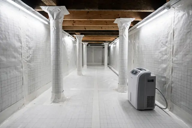 Encapsulated crawl space with vapor barrier and dehumidifier
