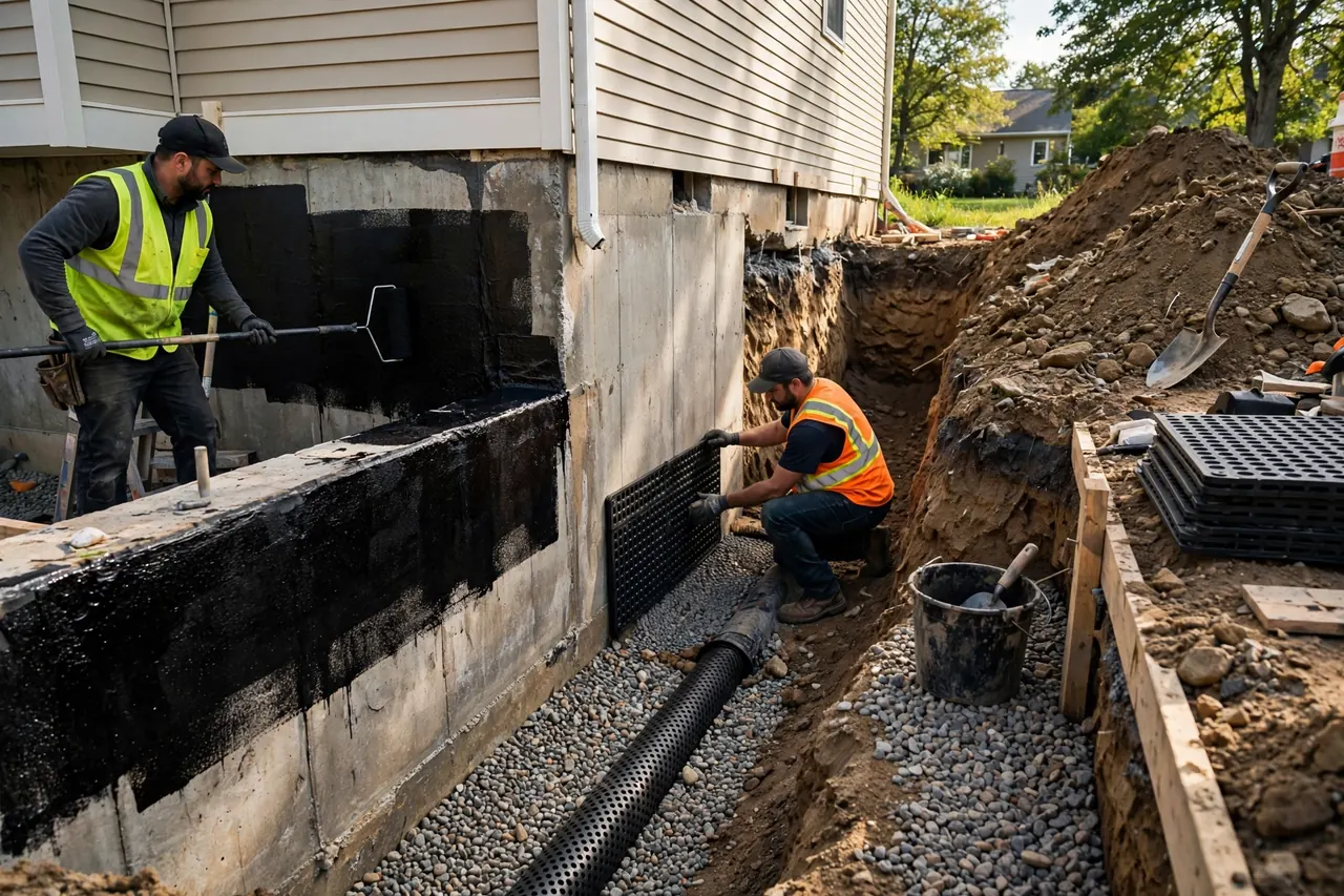 Exterior foundation waterproofing membrane on an excavated wall