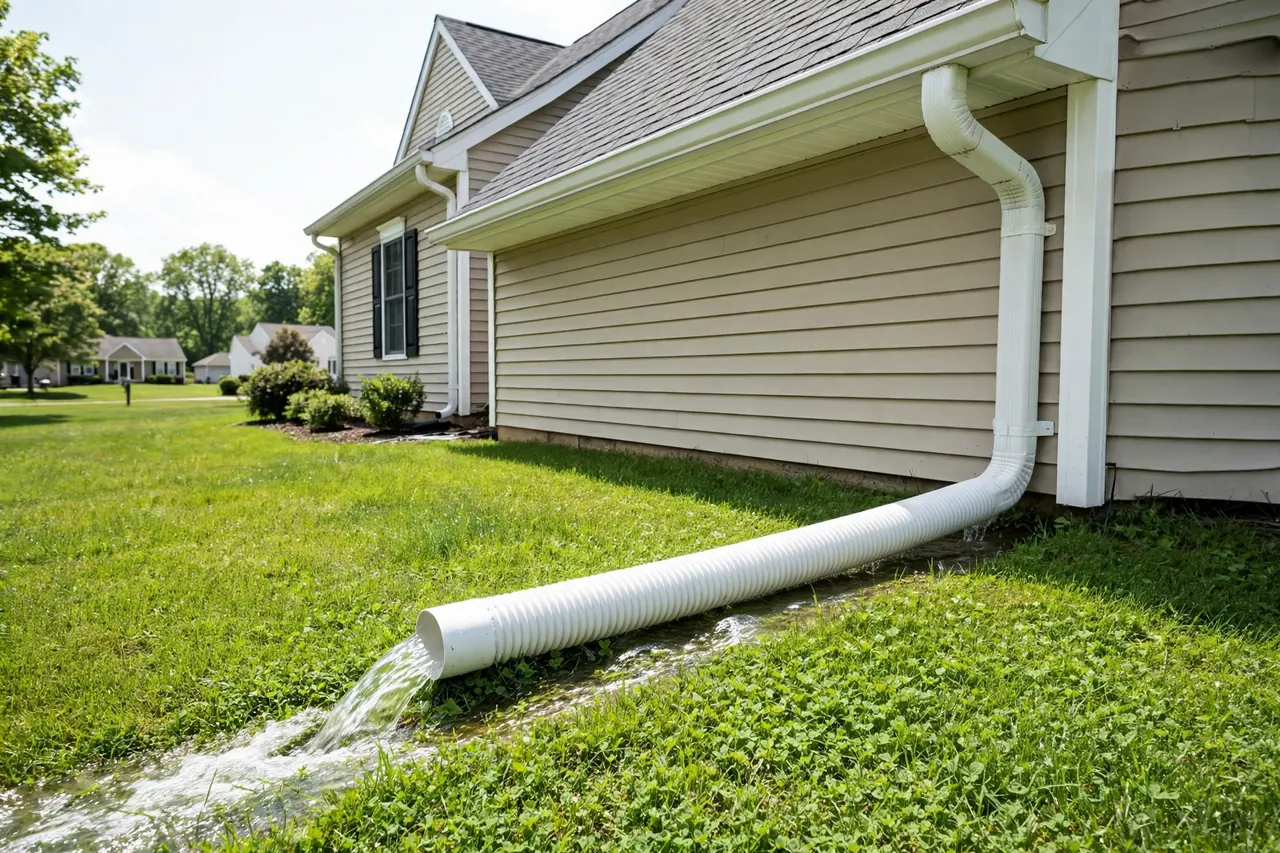 Clean gutters with downspout extension carrying water away from a home
