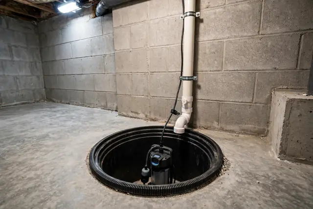 New sump pump installed in a basement sump basin with discharge pipe
