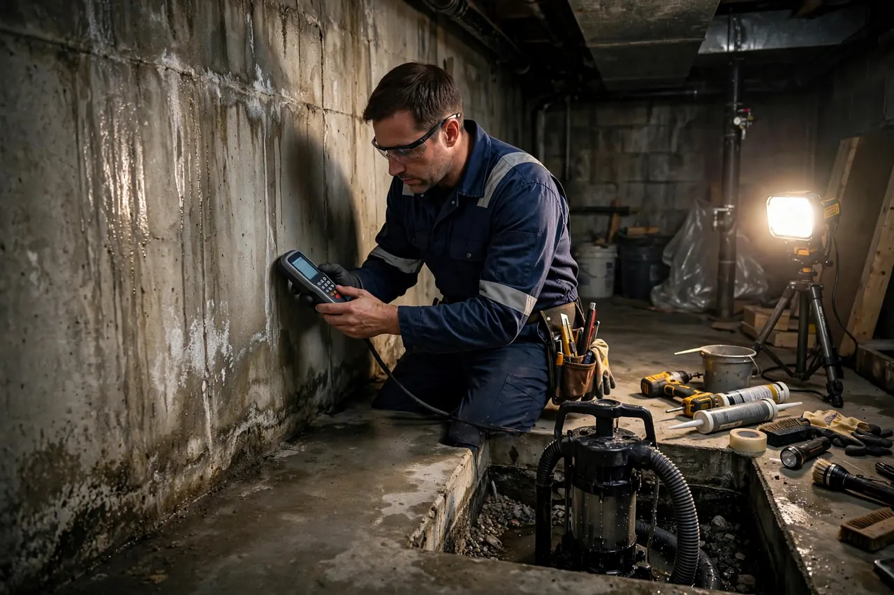 Mahoning Basement Dry Co technician testing a basement wall for moisture
